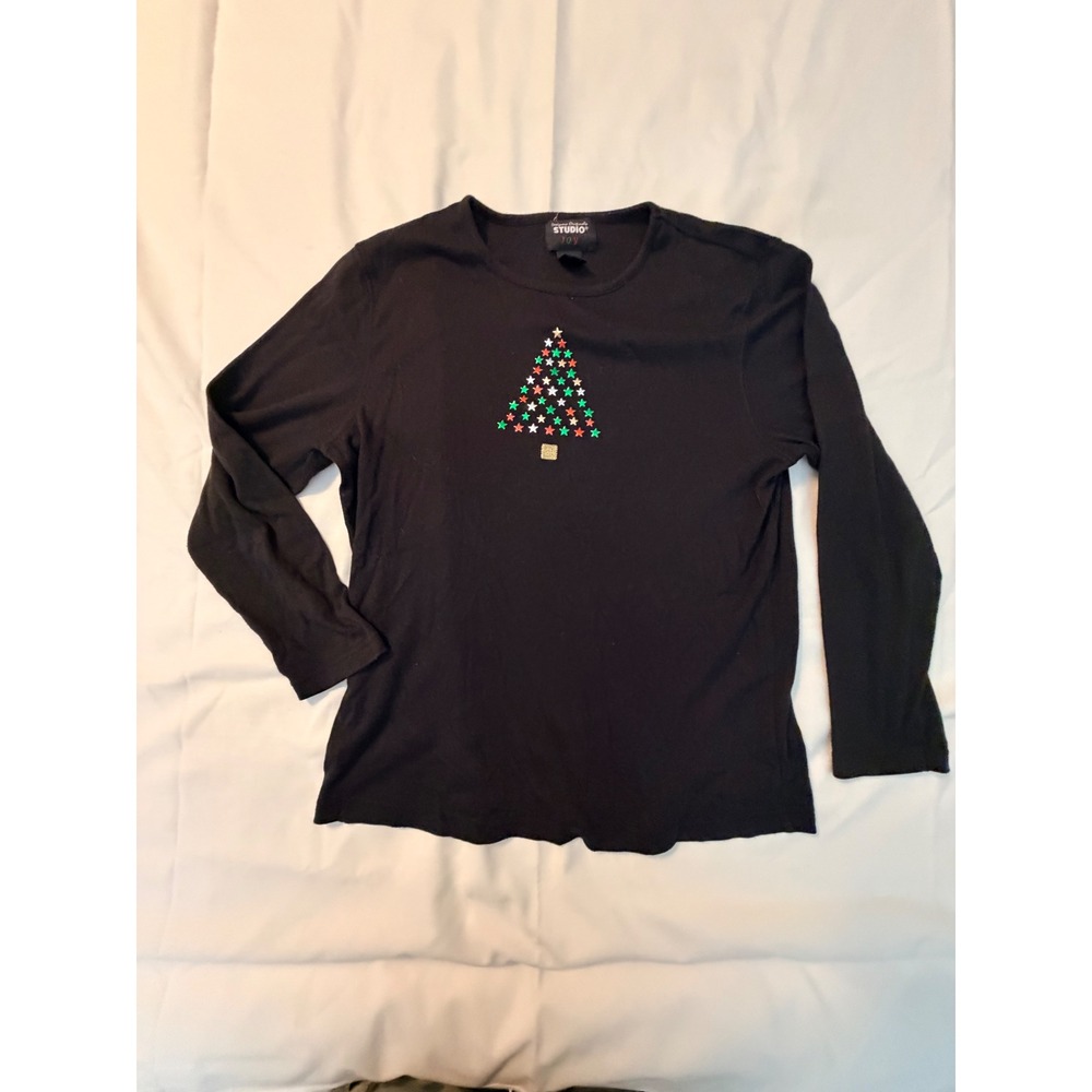 Designers Originals Studio Joy Black Christmas Tree Star Long Sleeve Top Large